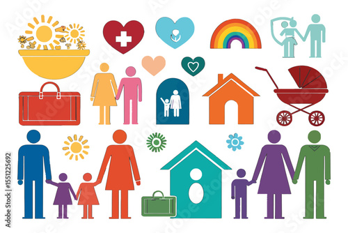 Family Life Icons: Vibrant illustrations of family life, including parents, children, home, health, and travel, symbolizing happiness, togetherness, and well-being.