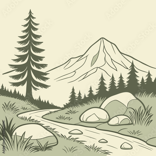 Scenic mountain landscape drawing featuring a meandering stream and evergreen trees