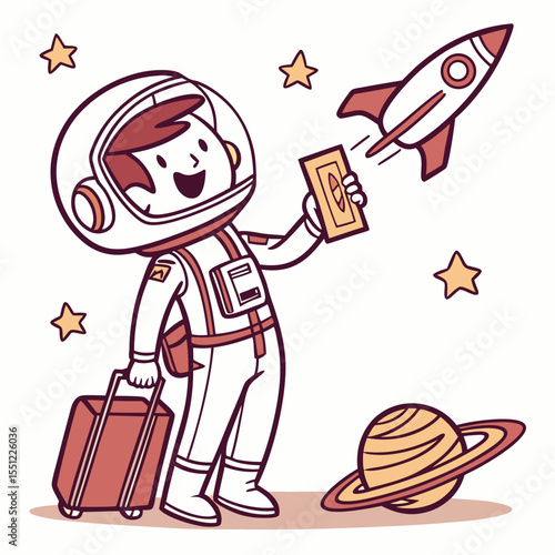Cartoon astronaut embarking on an interstellar voyage with suitcase and ticket
