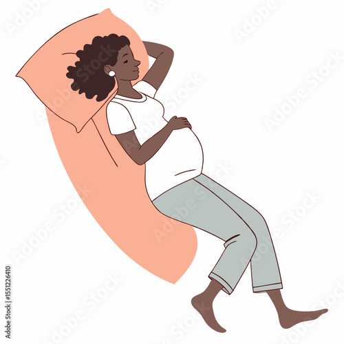 Contemplative Expectant Mother Resting on a Peach Pillow Illustration Style