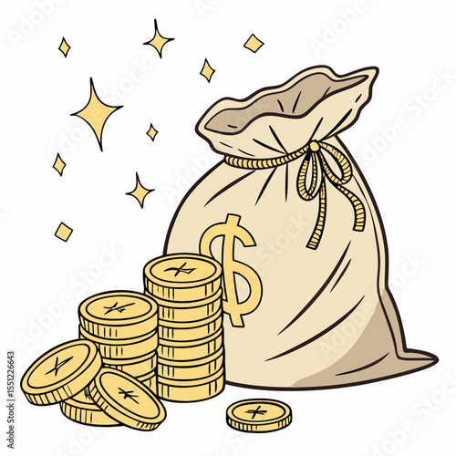 Cartoon illustration showcasing wealth accumulation with bag and gold coins