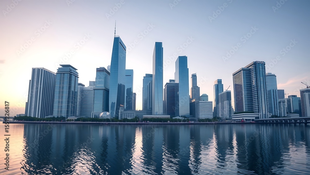Obraz premium Modern city skyline reflected in calm water at dawn