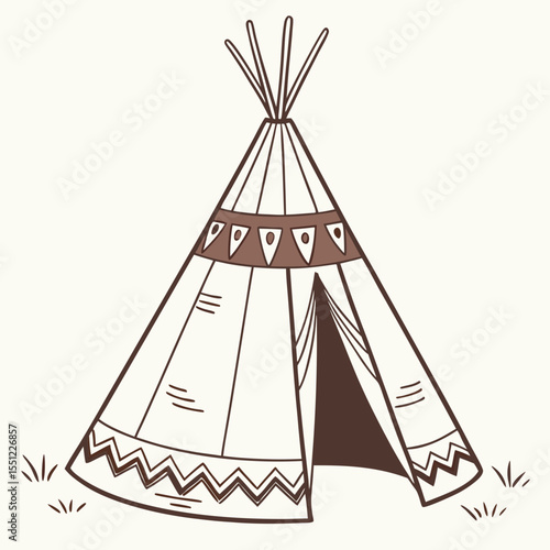 Stylized teepee illustration with indigenous tribal accents and earth tones