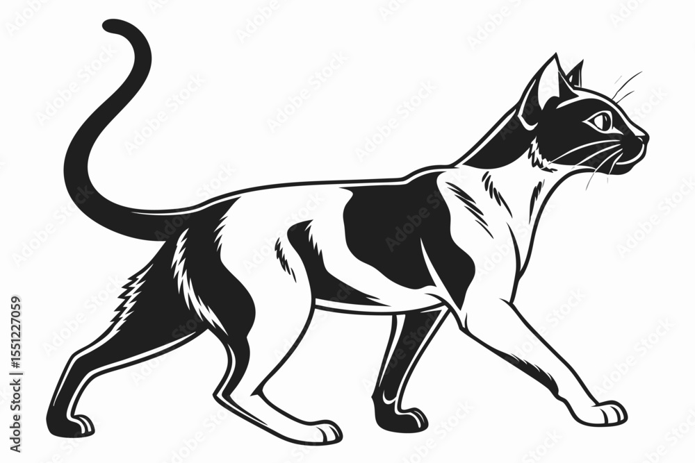 Fototapeta premium A Sleek Black and White Cat Strides Confidently in a Vector Illustration with Bold Lines and Strong Contrast