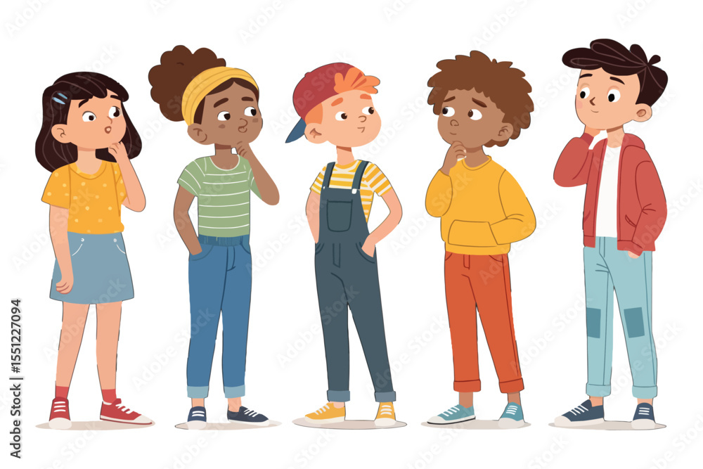 Curious Minds Together: Five diverse children, thoughtfully contemplating, their expressions filled with curiosity and wonder, stand side by side. Curious Minds Together: Five diverse children, thoughtfully contemplating, their expressions filled with curiosity and wonder, stand side by side.