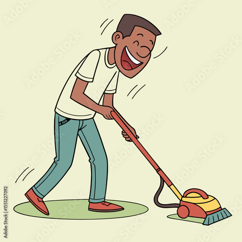 Joyful Man Vacuuming with Enthusiasm in a Simple Cartoon Style Illustration