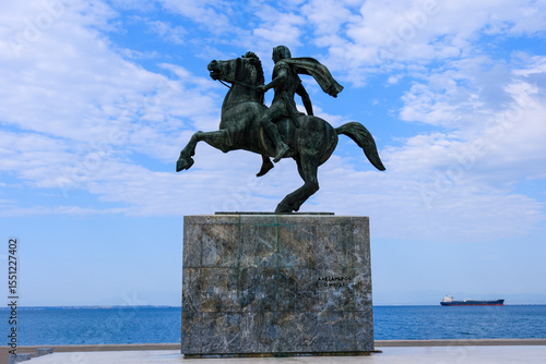 Thessaloniki, Greece - June 22, 2025,  The Alexander the Great Statue in Thessaloniki showcases the famed Macedonian conqueror on horseback, symbolizing his military greatness and influence