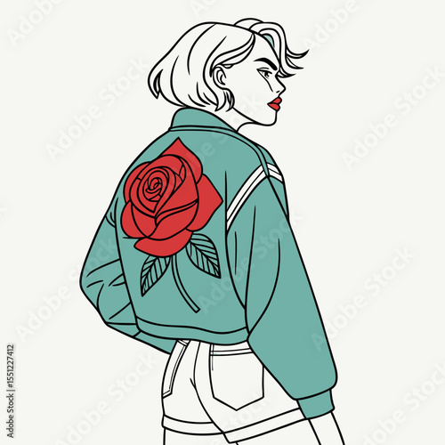 Stylized female figure in jacket with rose back design against plain backdrop