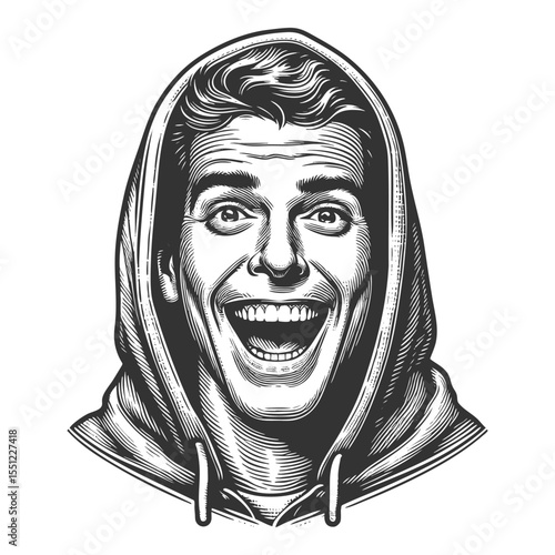 cheerful young man wearing a hoodie, smiling widely with joyful energy and expressive eyes sketch engraving generative ai fictional character vector illustration. Scratch board. Black and white image.