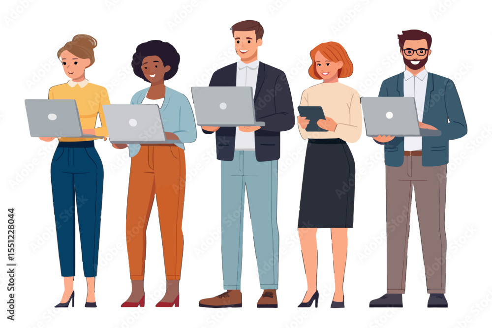 Fototapeta premium Digital Work Team: A diverse group of business individuals stand together, each engrossed in their laptops, showcasing modern work and digital communication.