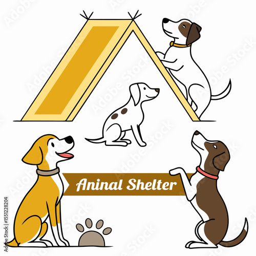 Cartoon dogs in various poses illustrated in a shelter themed presentation