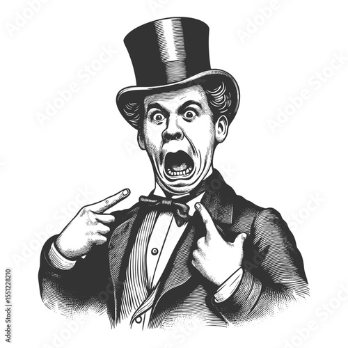 man in a top hat and bow tie with a surprised expression, pointing dramatically at himself sketch engraving generative ai fictional character vector illustration. Scratch board. Black and white image.