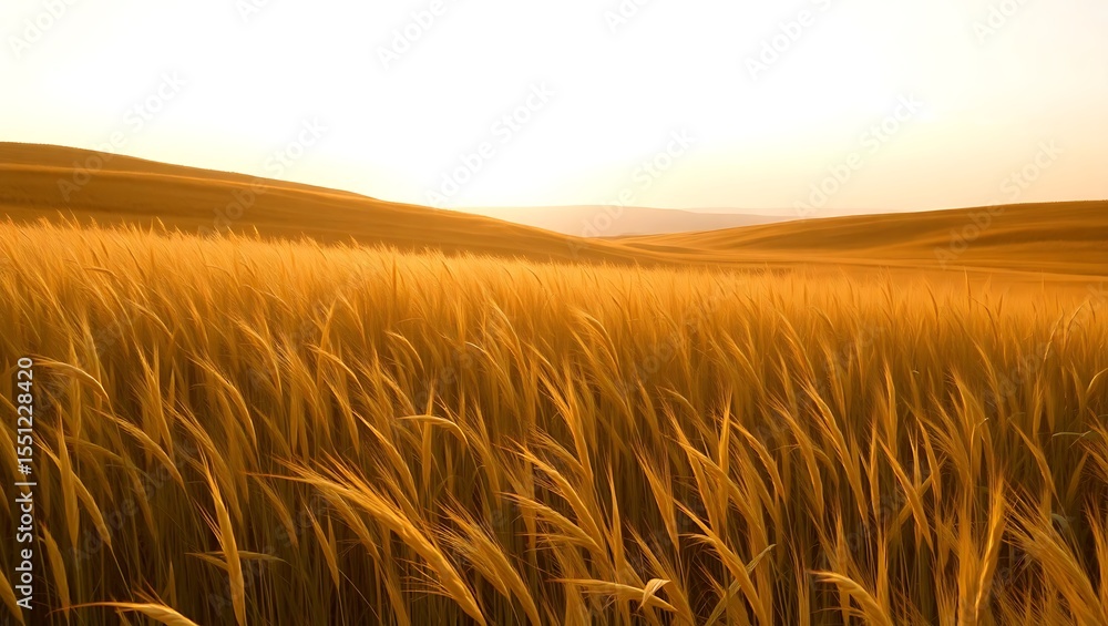 Obraz premium Golden wheat field at sunset rolling hills landscape