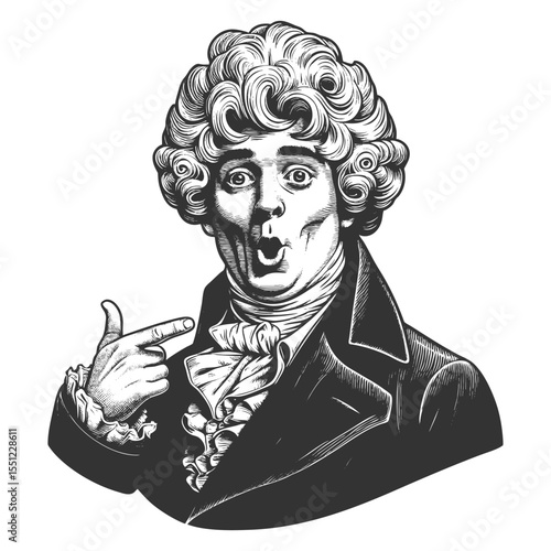 shocked man in elaborate curly wig and 18th-century attire, pointing at himself in disbelief sketch engraving generative ai fictional character vector illustration. Scratch board. Black and white.
