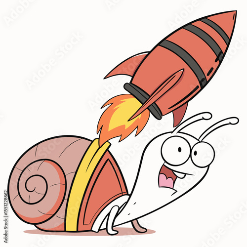 Cartoon snail harnessing rocket power for an accelerated journey, overcoming slowness