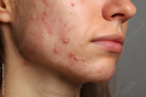 Young adult with problematic facial skin, including active acne, inflamed pores, and textured surface, shown in close-up view, great for medical studies, beauty campaigns, and awareness media.

