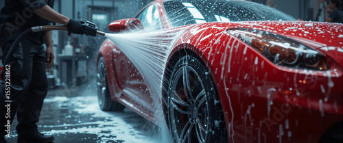 Close-Up of Technician Washing Car Indoors – High-Pressure Cleaning in Auto Detailing Workshop
