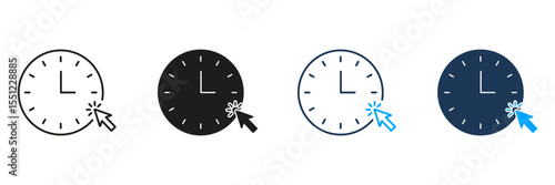 Clock With Cursor Click Line And Solid Icon Set. Time Management, Scheduling, And Online Interaction Symbol Collection. Efficient Planning And Digital Engagement. Isolated Vector Illustration