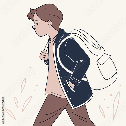 Illustrative depiction of a young boy walking with a rucksack for educational purposes