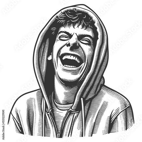 cheerful young man wearing a hoodie, smiling widely with joyful energy and expressive eyes sketch engraving generative ai fictional character vector illustration. Scratch board. Black and white image.