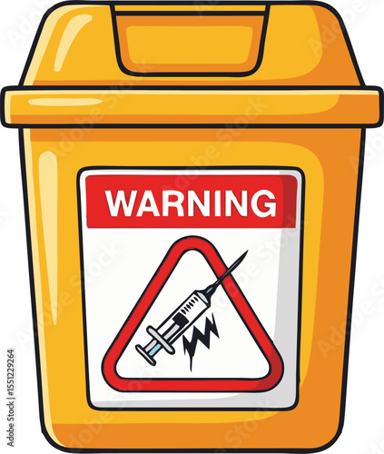 Cartoon Sharps Container with Warning Sign and Syringe Hazard Symbol.