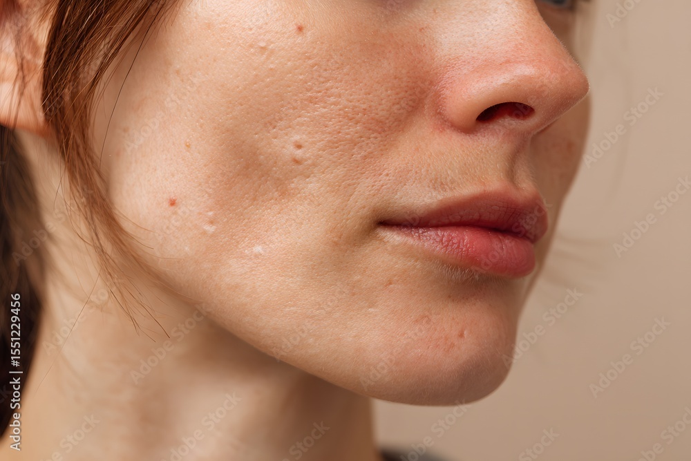 Obraz premium Skin with visible acne and blemishes, photographed in realistic tone and soft lighting, highlighting imperfections on cheek, useful for clinical references, product ads, or blog illustrations.