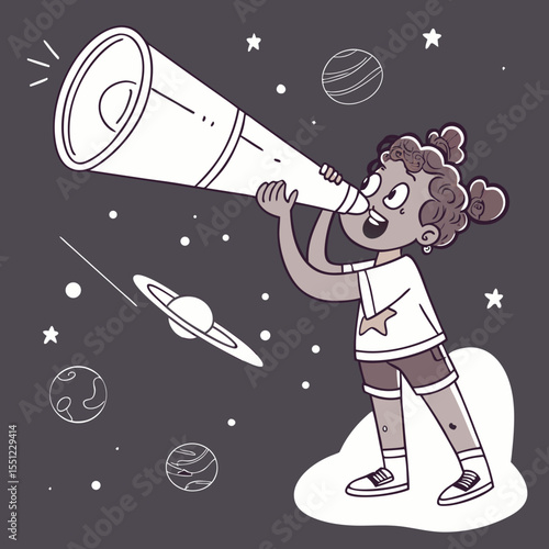 Young stargazer dreams of intergalactic voyages using a hand-drawn telescope