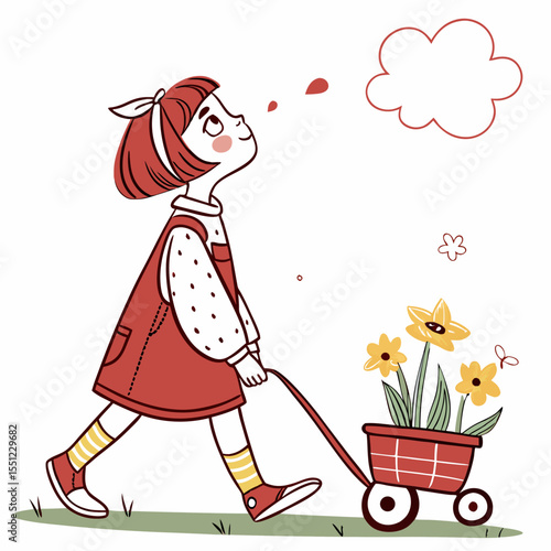 Girl Pulling Flower Cart in Dreamy Sketch, Childlike Wonder and Springtime Innocence