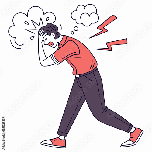 Illustration of a man experiencing intense headache and back pain difficulties