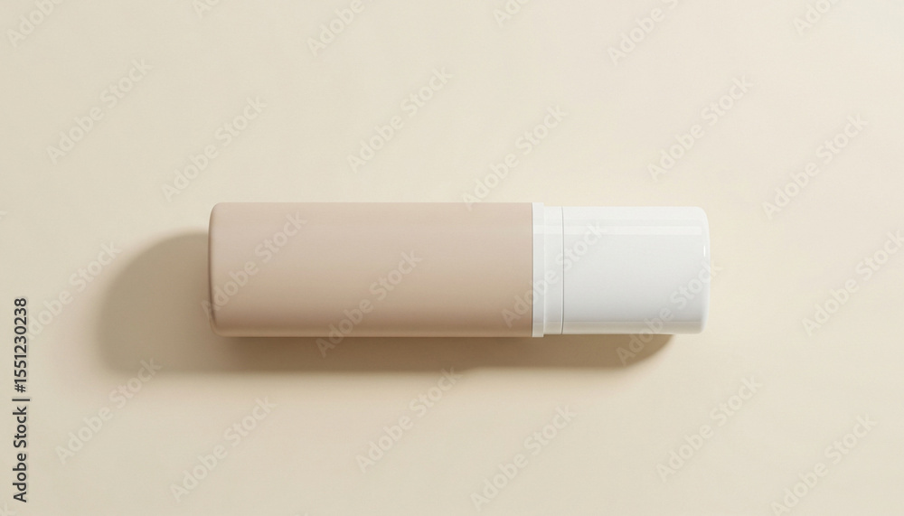 Beige tube with white cap lies on a light beige surface., best for showcasing clear packaging design, minimal skincare mockups, or commercial branding Beige tube with white cap lies on a light beige surface., best for showcasing clear packaging design, minimal skincare mockups, or commercial branding