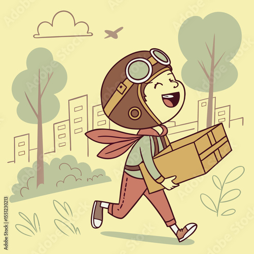 Joyful youngster dressed as a pilot delivering a package in urban landscape