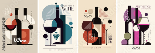 Beautiful and Artistic Wine Poster Collection Featuring Geometric Shapes and Bold Colors