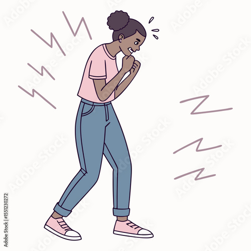 Illustrated young woman experiencing heightened anxiety amidst visual disturbances