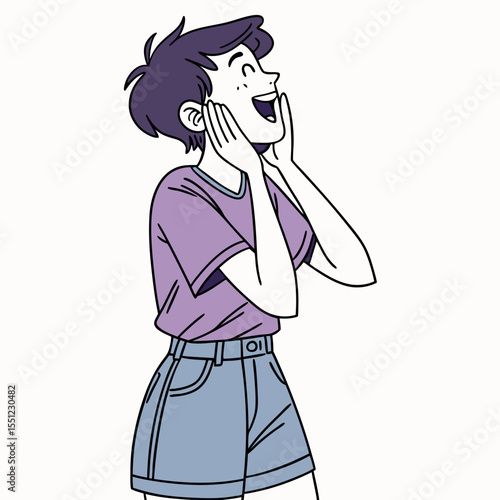 Excited youthful character expressing joy through emotive hand gestures and expression