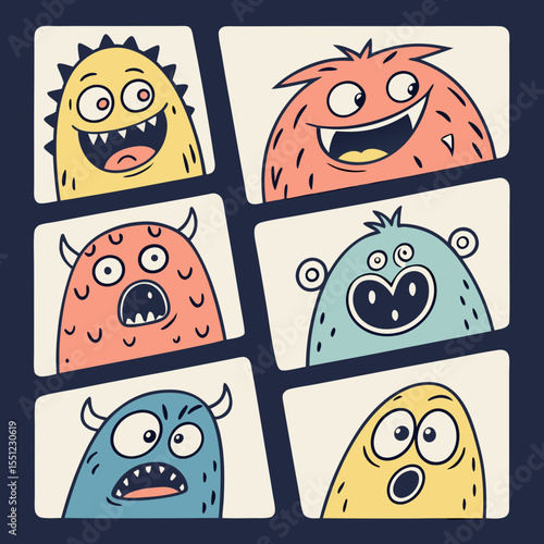 Playful parade of illustrated monsters showcasing cartoonish expressions and quirks
