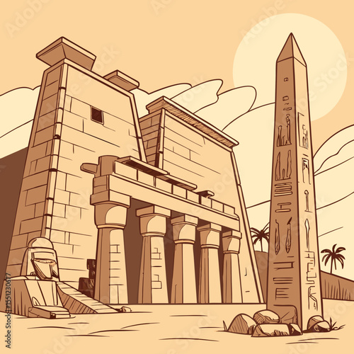 Stylized depiction of an Egyptian temple complex with obelisk and desert landscape
