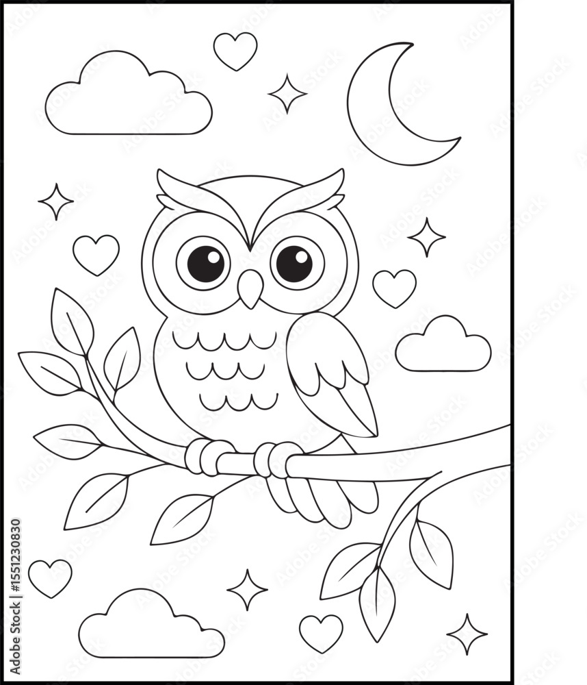 Wise Owl on Tree Branch at Night Coloring Page for Kids. Great for nighttime-themed learning and relaxation, ideal for children practicing their motor skills and creativity. Wise Owl on Tree Branch at Night Coloring Page for Kids. Great for nighttime-themed learning and relaxation, ideal for children practicing their motor skills and creativity.