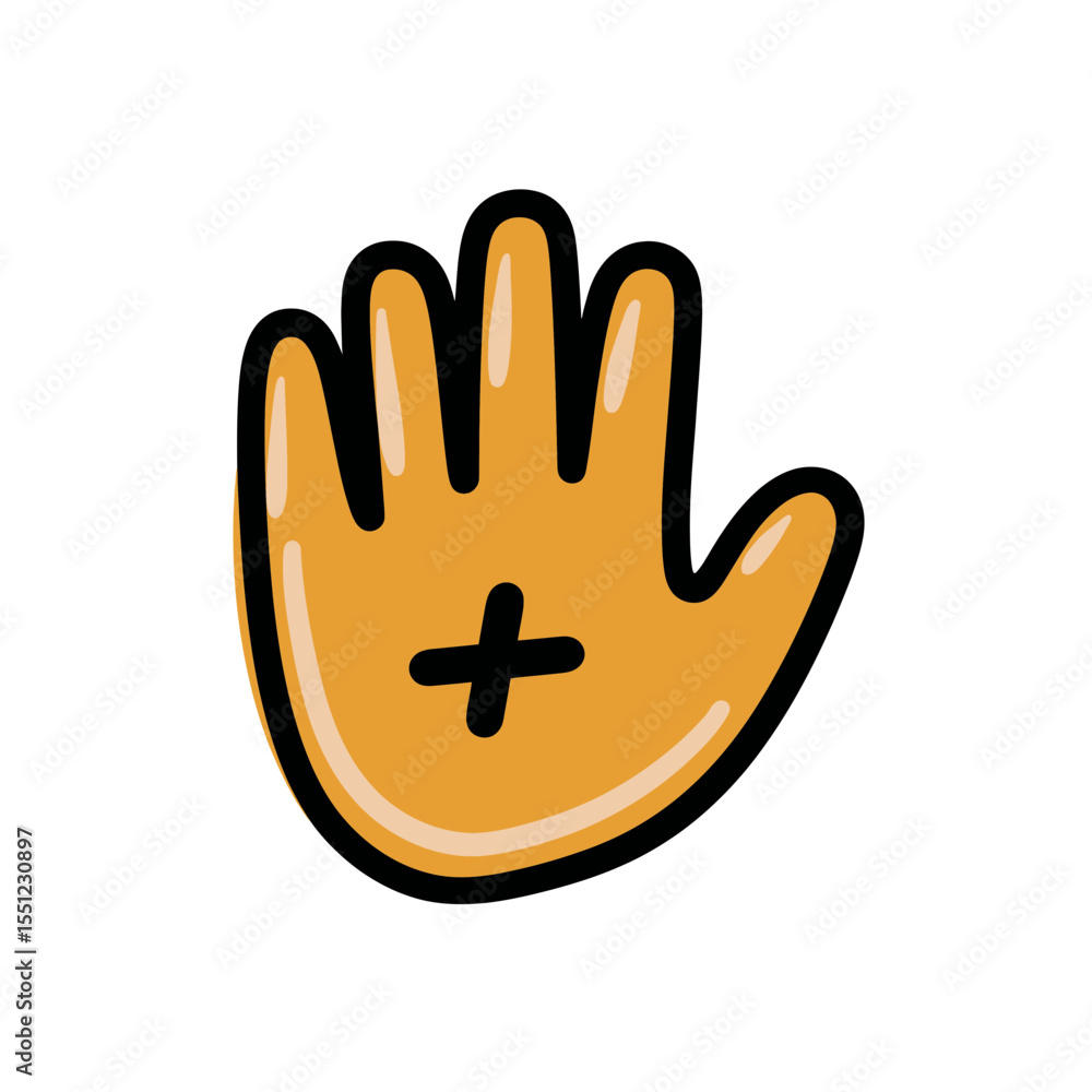 Fototapeta premium Raised orange hand shows plus sign on white background healthcare concept