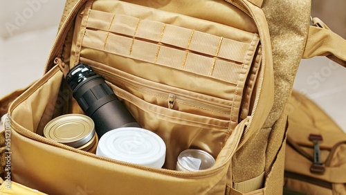 Open military backpack displaying tactical gear for outdoor activities and exploration