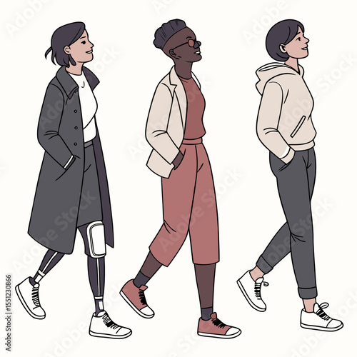 Diverse women stride forward: A portrayal of urban individuals in motion