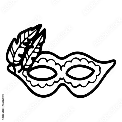 Carnival mask with feathers. Hand drawn doodle vector. Secret face. Masquerade costume accessory. Festival decoration. Fashion, vintage style. Illustration line art element.