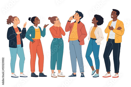 Unified Observation: A group of diverse individuals, each with their own unique expressions and gestures, gazes upward. The collective scene suggests unity and shared experience.