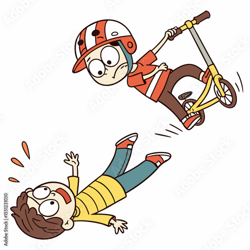 Cartoon illustration depicting a scooter mishap with amusing expressions of fear