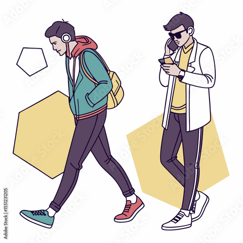 Modern urban lifestyle with stylish young men on the go in contemporary attire