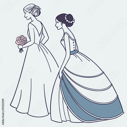 Elegant bridal outlines: minimalist depiction of women in gowns ready for wedding day