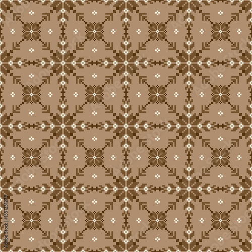 Geometric pixel art pattern. Abstract pixel art geometric ethnic pattern design for fabric, carpet, tile, rug, clothing, embroidery, needlepoint and background. Vector pixel art seamless motif ethnic
