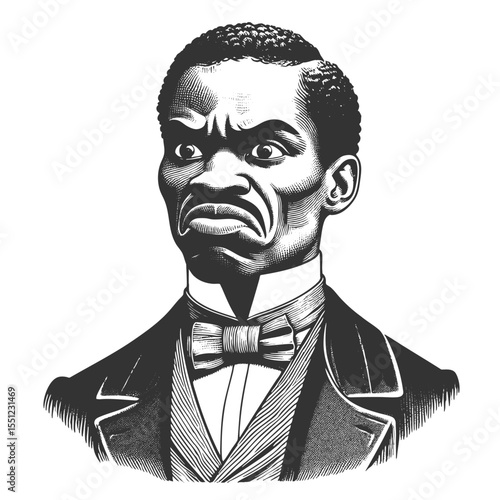 stern-looking man in formal attire, frowning intensely with exaggerated facial features sketch engraving generative ai fictional character vector illustration. Scratch board. Black and white image.