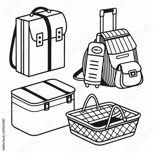 Collection of travel containers illustrated with crisp monochromatic line work style