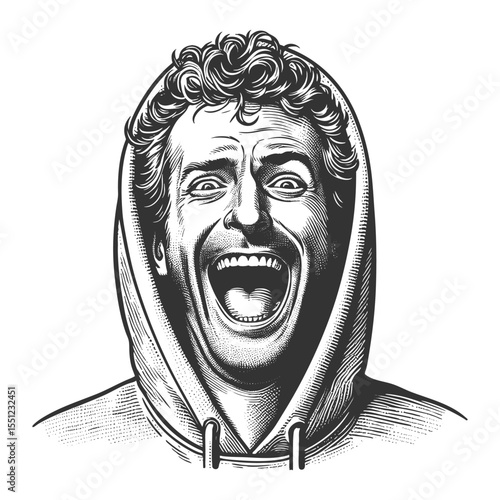 cheerful young man wearing a hoodie, smiling widely with joyful energy and expressive eyes sketch engraving generative ai fictional character vector illustration. Scratch board. Black and white image.