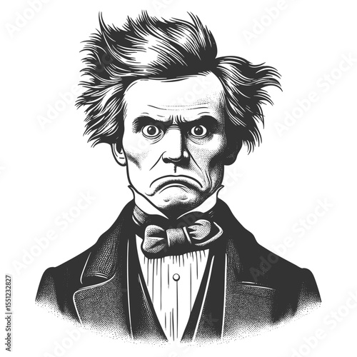 stern man with messy hair and a bow tie, expressing anger or disapproval in retro fashion sketch engraving generative ai fictional character vector illustration. Scratch board. Black and white image.